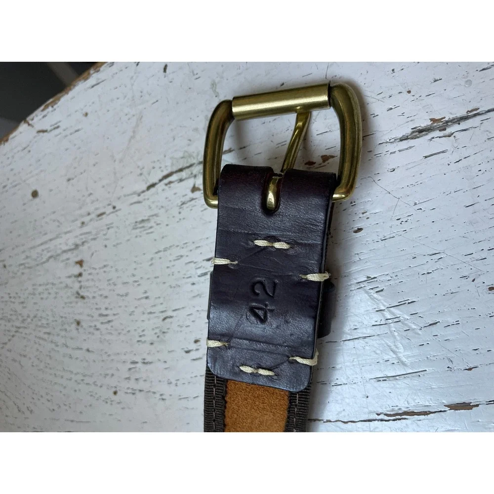 Bills Khakis Mens Brown Leather Tan Suede Canvas Trim Belt Brass Buckle Size 42